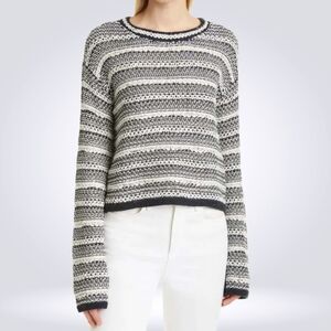 LA LIGNE Shell Stitch Stripe Navy/ Cream Crewneck Sweater Cashmere Wool Size S